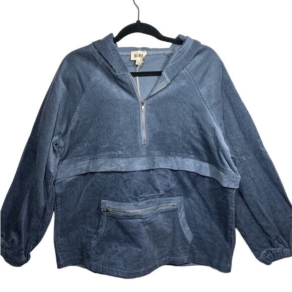 BiBi 1/2 Zip Corduroy Hoodie Pullover Long Sleeves Cargo Pockets Slate Blue L - Picture 2 of 13